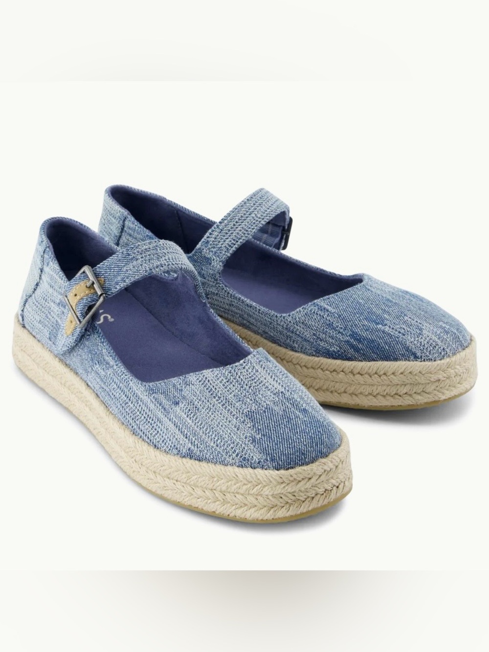 New TOMS Carolina Mary Jane Espadrille Flats Blue Denim Canvas Fabric Sz 8 Shoes